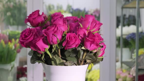 Bouquet of Pink Roses in the Flower Shop for Holiday Celebrating