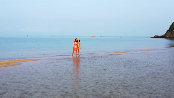 Sexy smiling ladies travelling spending quality time on beach on summer white sandy and blue 