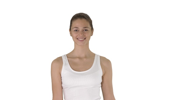 Smiling woman walking on white background