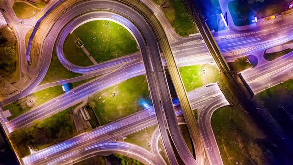 Freeway Intersection Traffic Trails in Night Moscow