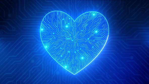 Abstract Digital Heart Global Technology, blue circuit board pattern, microchip, power line alt