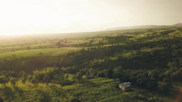 Drone View Rain Drop Falling Over Asian Village. Aerial Landscape Fruit Garden and Farming Field in