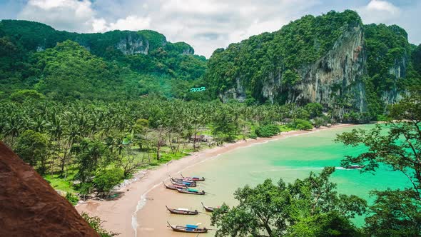 Hat Tom Sai Beach with Long Tail Boats on the Beach, Railay Travel Destination Near Ao Nang, Krabi