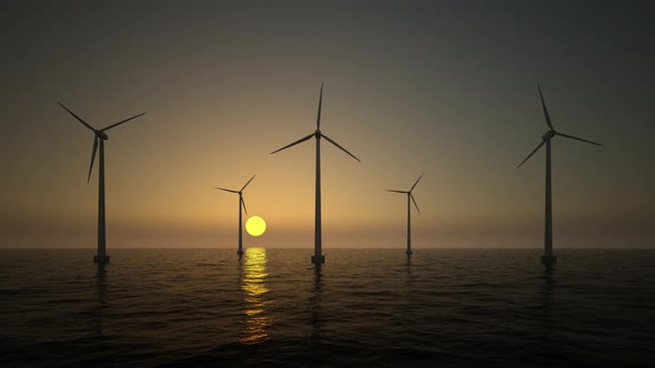 Wind Turbines on the Rising Sun Background 4k