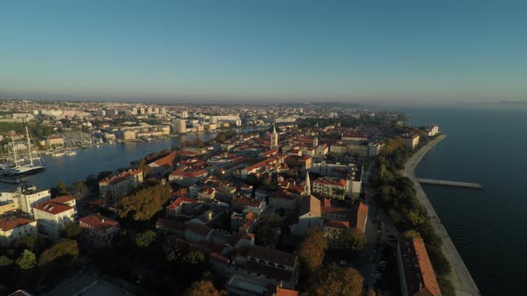 Aerial view of the Zadar buildings in the evening