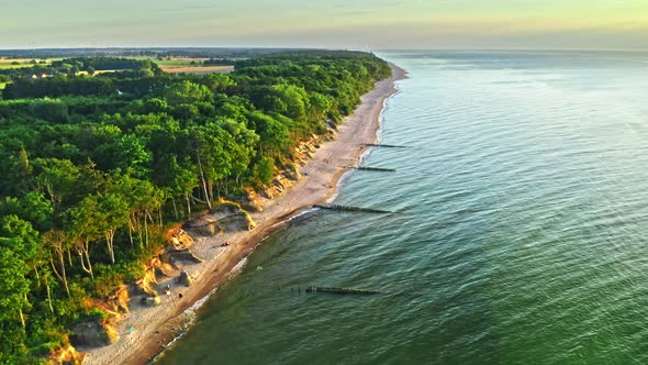 Aerial view of stunning sunset at Baltic Sea in summer