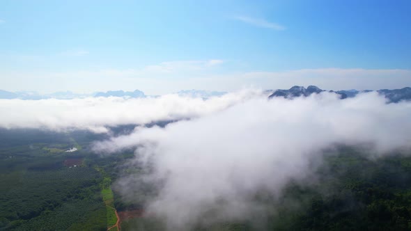 An aerial view from a drone flying over the many fogs in the mountains