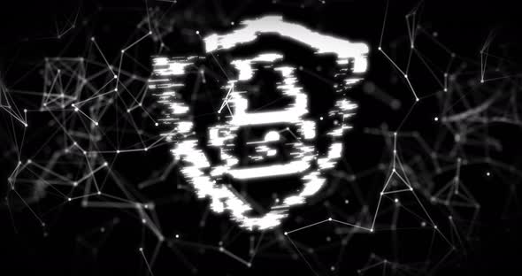 Security padlock icon over network of connections against black background alt