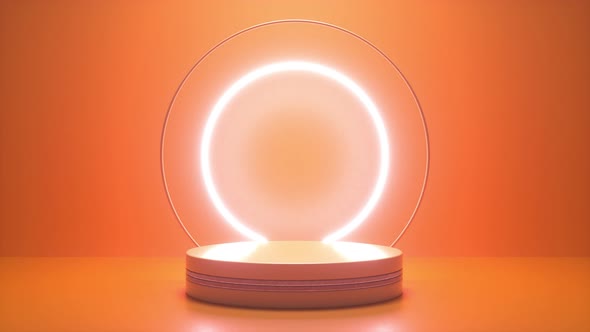 Orange podium with a bright glowing blinking neon circle