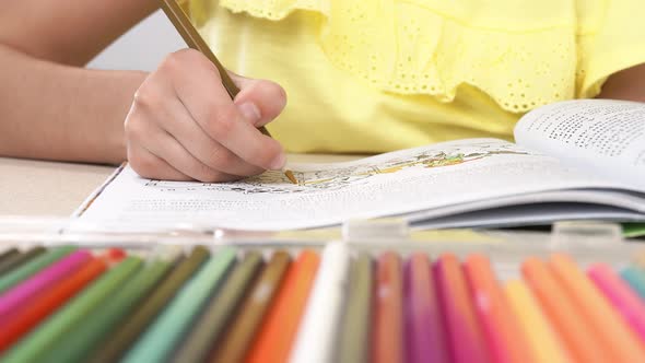 A Girl Paints a Coloring Book. Close-up of a Little Girl's Hand Holding a Pencil and Drawing.