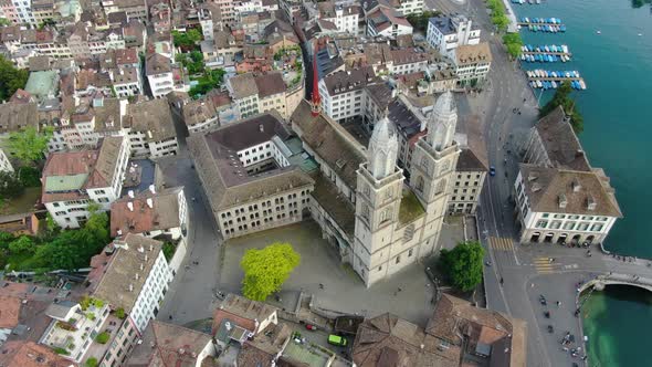 Drone flying over Grossmunster protestant church in Zurich, Switzerland