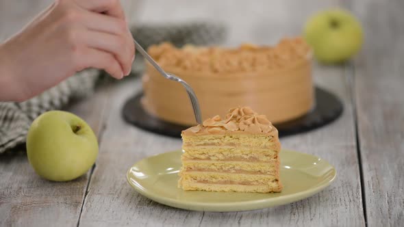 Piece of Apple Layer Cake with Caramel Cream.