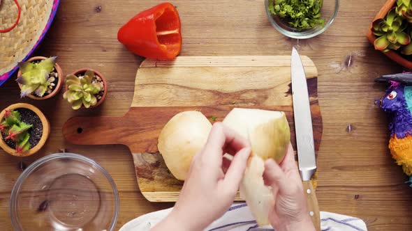 Flat lay. Step by step. Slicing vegetables for filling to make empanadas.