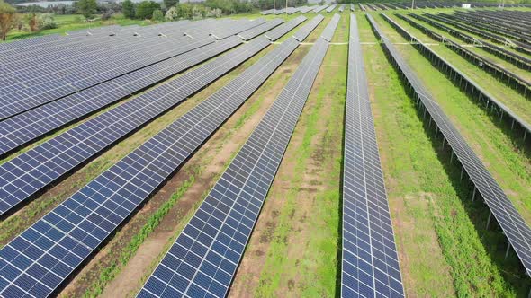 Aerial View of Solar Power Station. Solar Farm. Field of Solar Panels in a Row