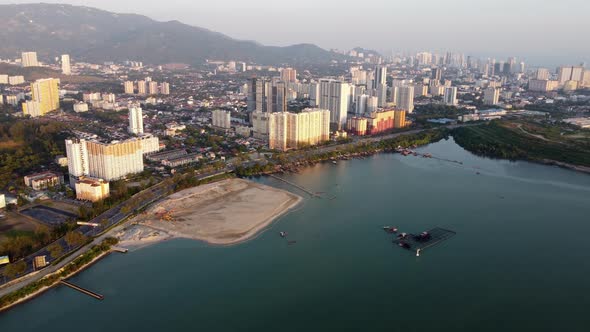 Aerial view reclamation land near fishing village