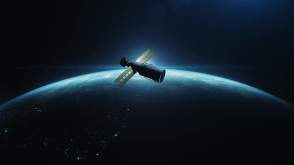 artificial satellite of the earth. a satellite flying in space over the globe