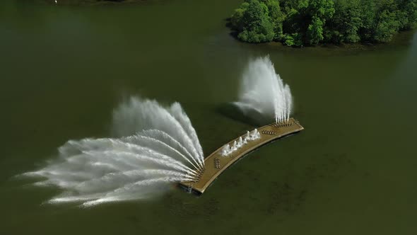 Top View of the Victory Park in Minsk and the Svisloch River with a fountai, .A Bird's-eye View