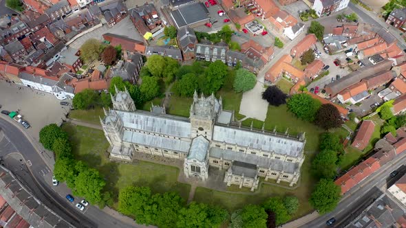 Aerial footage of the historical Selby Abbey in the town of Selby in York North Yorkshire in the UK 