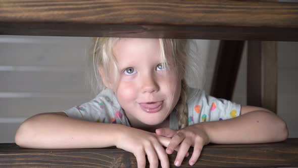 Cute Girl in a Country House on a Wooden Staircase