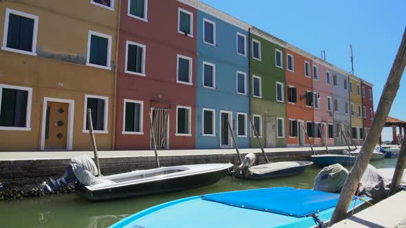 Deserted Street of Burano Island, Colorful Houses With Closed Windows, Venice