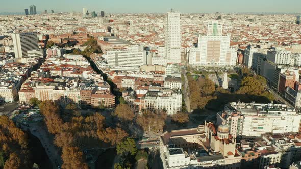 Aerial Footage of Town Buildings in Plaza De Espana Area Lit By Bright Afternoon Sun