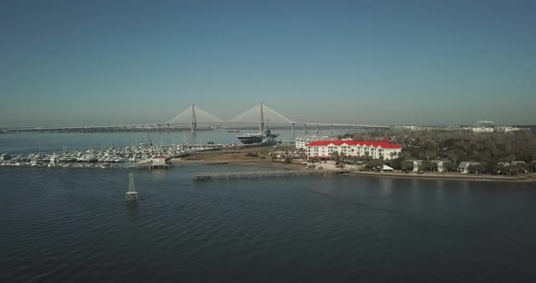 Charleston, SC aircraft carrier and marina from drone