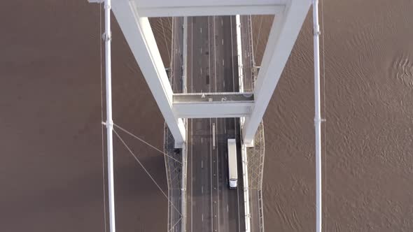Lorries and Vehicles Crossing the Severn Bridge in the UK Aerial View