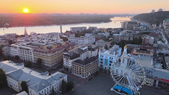 Historical District of Kyiv - Podil in the Morning at Dawn, Ukraine, Aerial View