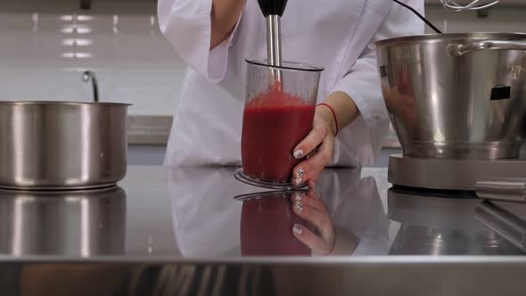 Professional Pastry Chef Whips Up Ripe Strawberries with a Blender