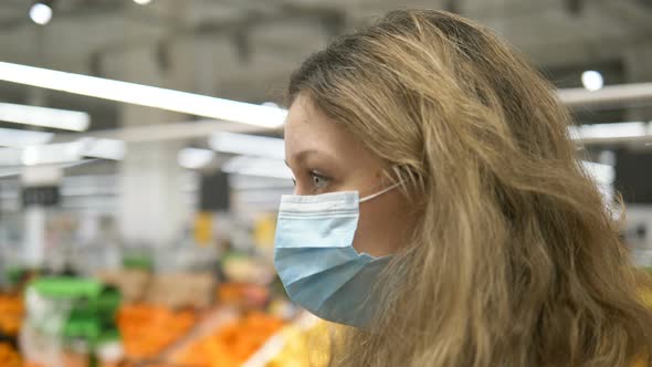 Girl in Medical Mask Talking in Supermarket Buying Goods, Coronavirus Infection, Epidemic Pandemic