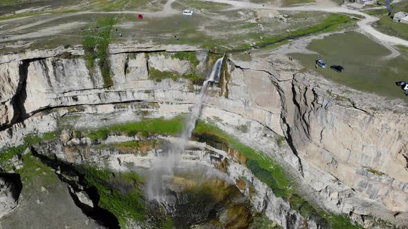 Aerial View of a High Waterfall in Dagestan