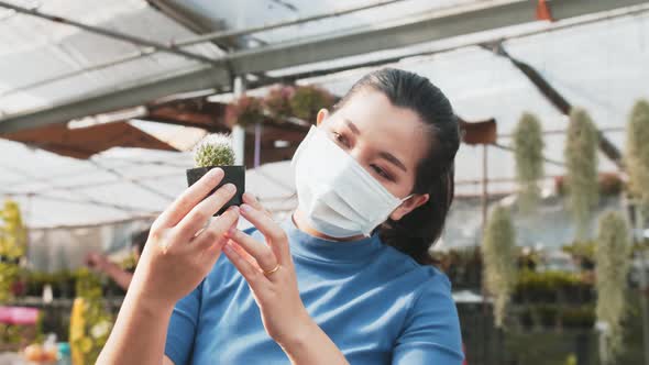 Portrait of young Asian agriculture scientist inspecting miniature cactus plant. Slow motion, Close