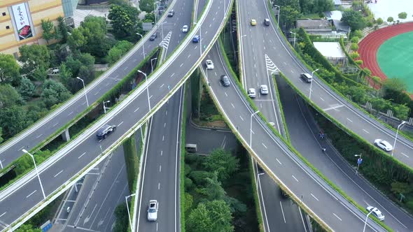 Aerial view of highway and overpass in city