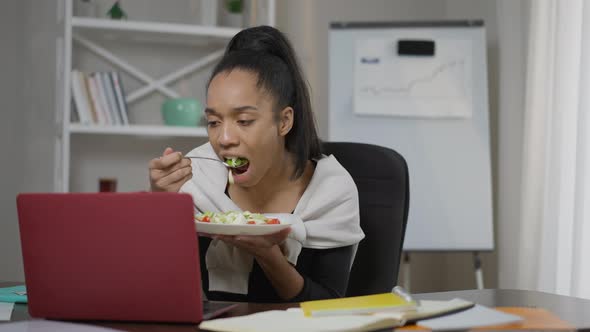 Front View Portrait of Busy Young Focused Woman Eating Healthful Veggie Salad Surfing Internet on