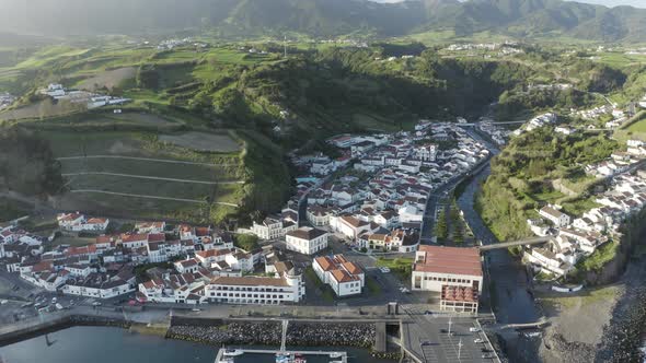 Aerial view of Povoacao township, Azores, Portugal.
