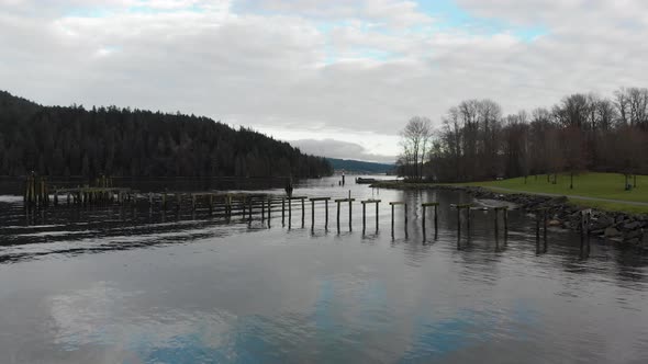 Various drone shots around Barnet Marine Park in Burnaby, British Columbia, Canada. Beautiful lush g