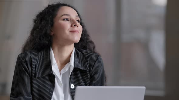 Peaceful Smiling Arabian Business Woman Dreamy Female Writer Thoughtful Looking Away Search