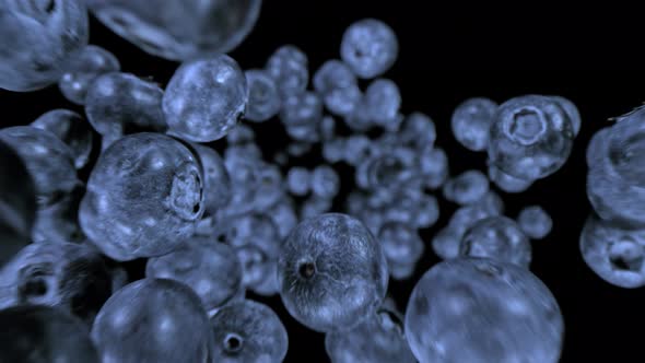 Super Slow Motion Detail Shot of Flying Fresh Blueberries Towards Camera at 1000Fps