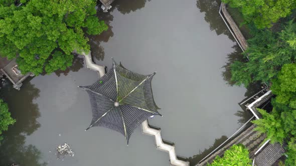 Aerial of Ancient traditional garden, Suzhou garden, in China.