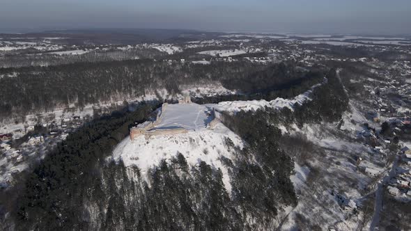 Aerial Drone View of the 13Thcentury Medieval Kremenets Castle in a Territory of Ukraine Country