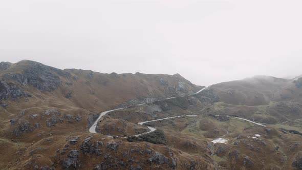 El cajas national park between cuanca and Guayaquil city in ecuador. High in the andes aerial shot