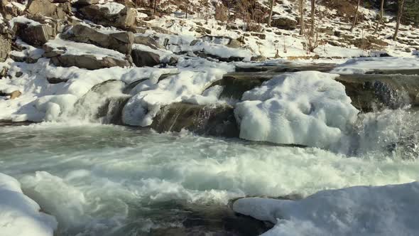 Mountain River Flowing Rapidly Covered with Snow