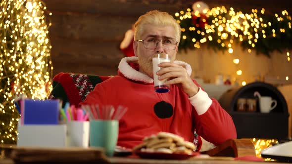 Portrait of Santa Claus with Gifts Drink Milk at Home Near Christmas Tree. New Year Holiday.