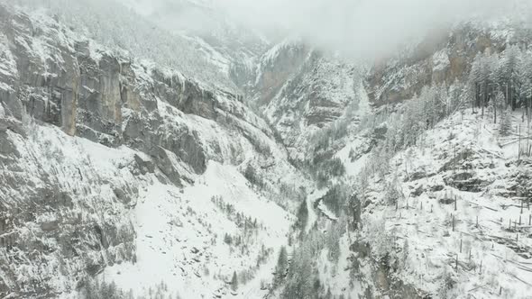 Jib up of beautiful valley in winter