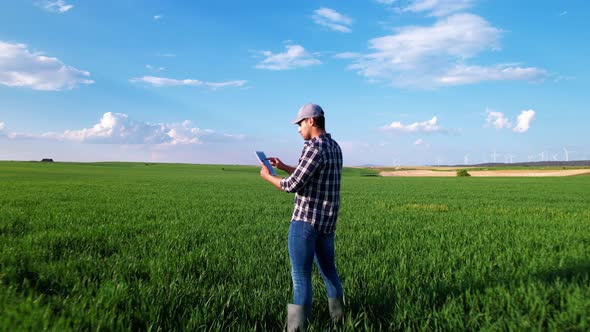 Aerial Zoom in View of a Farmer Using a Digital Tablet and Monitoring a Wheat Crop