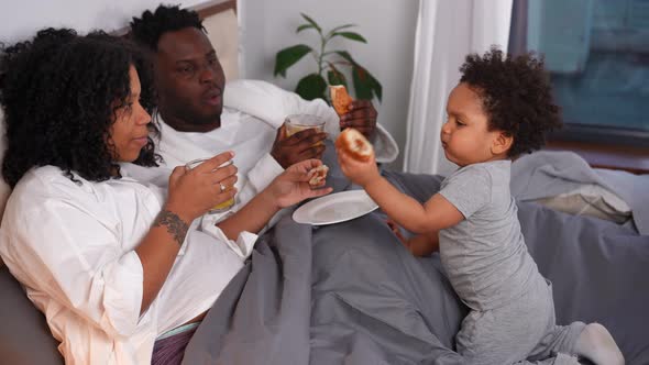 Happy Pregnant African American Mother and Father Talking with Cute Little Son Drinking Orange Juice