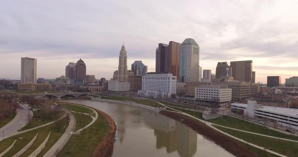 wide drone shot downtown Columbus Ohio skyline
