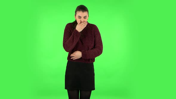 Cute Female Feels Bad, Her Stomach Hurts, Feeling Nausea. Green Screen