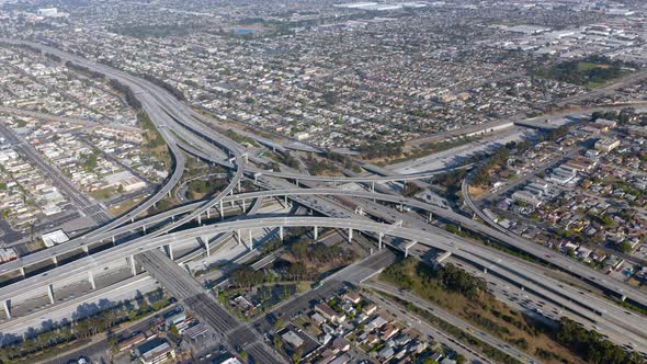 . Drone Footage. Complex Scenic Los Angeles Highway Junction. Bird-eye View.