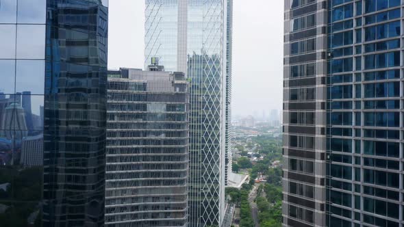 Drone Fly Between Two Buildings. Jakarta - Indonesia